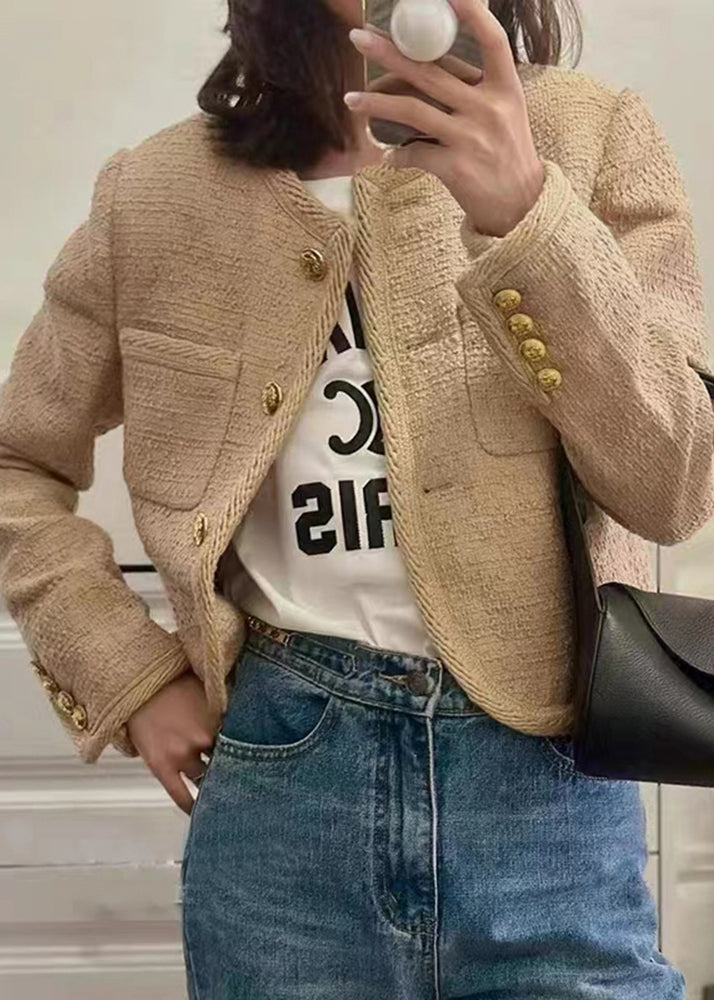 WW | Khaki O Neck Button Patchwork Cotton Coats