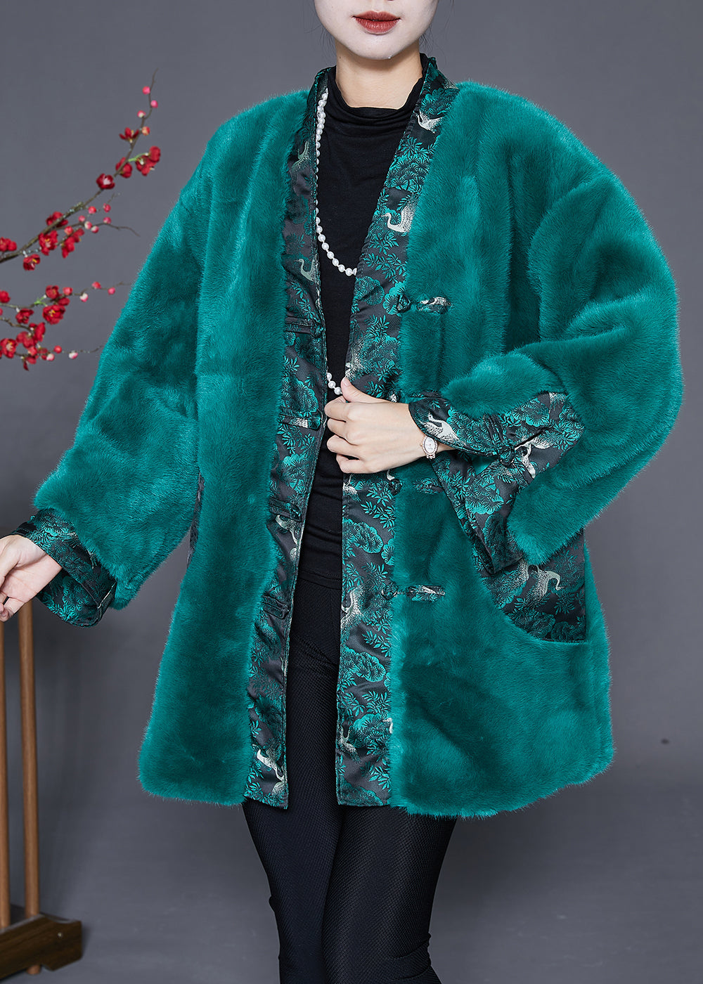 WW | Peacock Green Oversized Patchwork Faux Fur Coat Winter