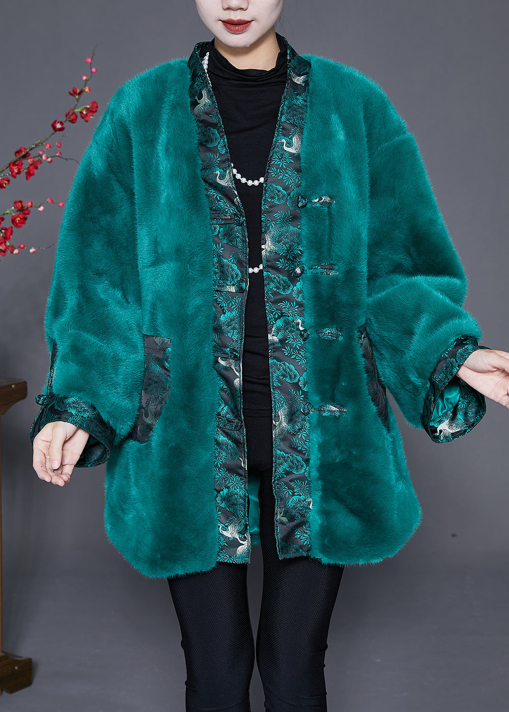 WW | Peacock Green Oversized Patchwork Faux Fur Coat Winter