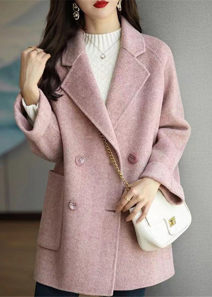 WW | Pink Double-Breasted Patchwork Wool Coats Winter