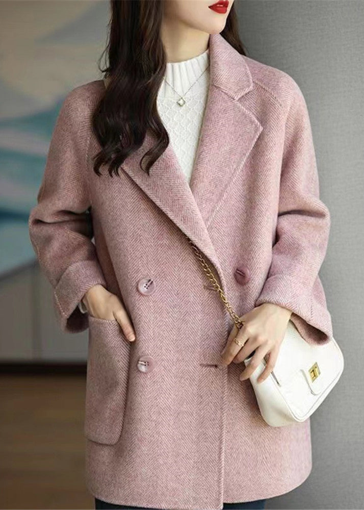 WW | Pink Double-Breasted Patchwork Wool Coats Winter