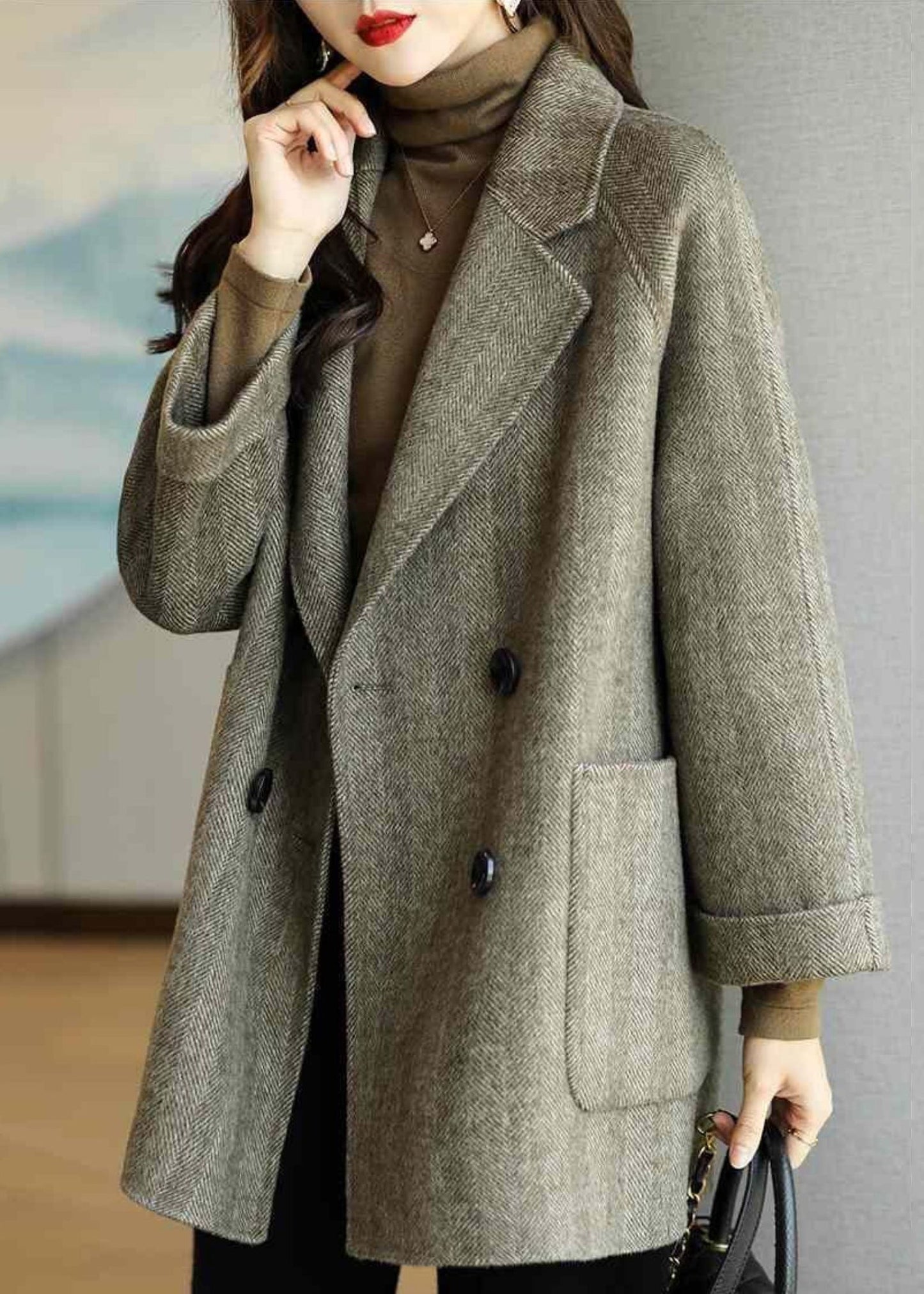 WW | Pink Double-Breasted Patchwork Wool Coats Winter