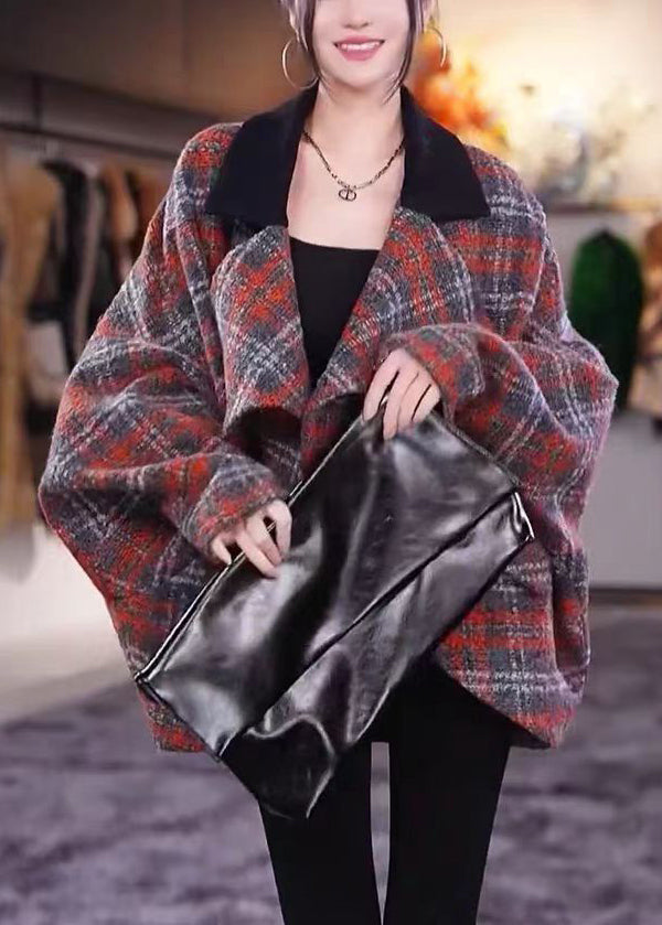 WW | Karierter Peter Pan Kragen Taschen Wollmäntel Langarm