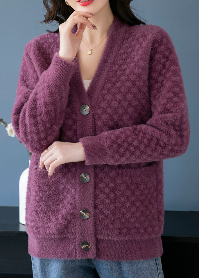 WW | Purple V-neck Pockets Patchwork Mink Fur Knit Coats