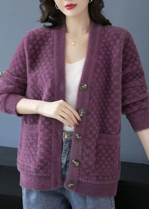 WW | Purple V-neck Pockets Patchwork Mink Fur Knit Coats