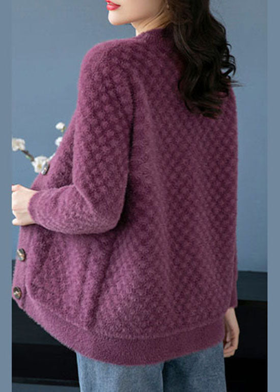 WW | Purple V-neck Pockets Patchwork Mink Fur Knit Coats
