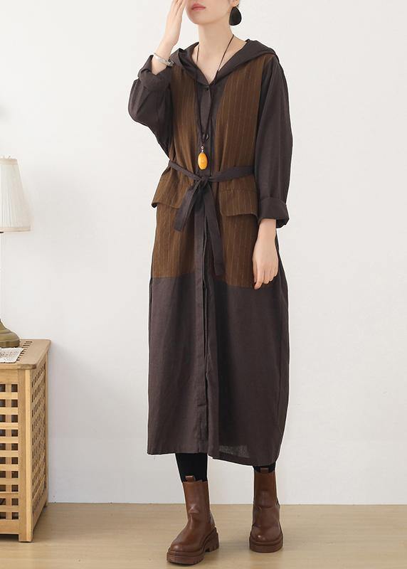 WW | Kapuzen Plus Size gestreifter Trenchcoat Schokolade Baumwolle Frauen Mäntel