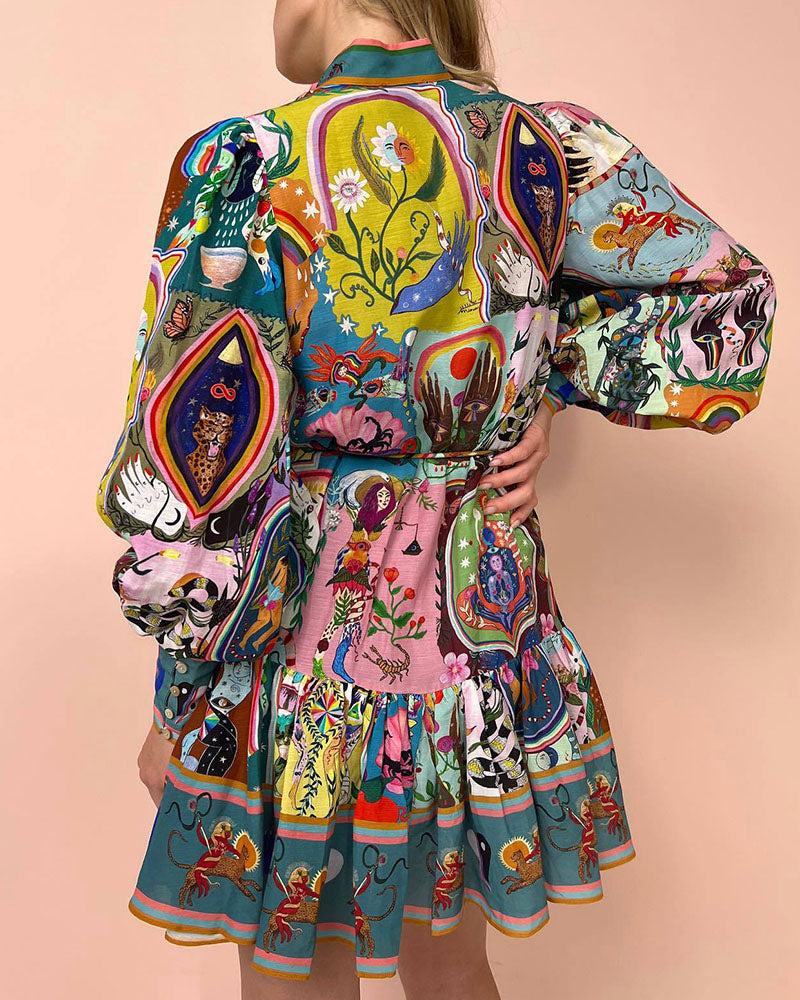 WW | Kleid Laternenärmel Knopfleiste Langärmeliges Kleid Minikleid