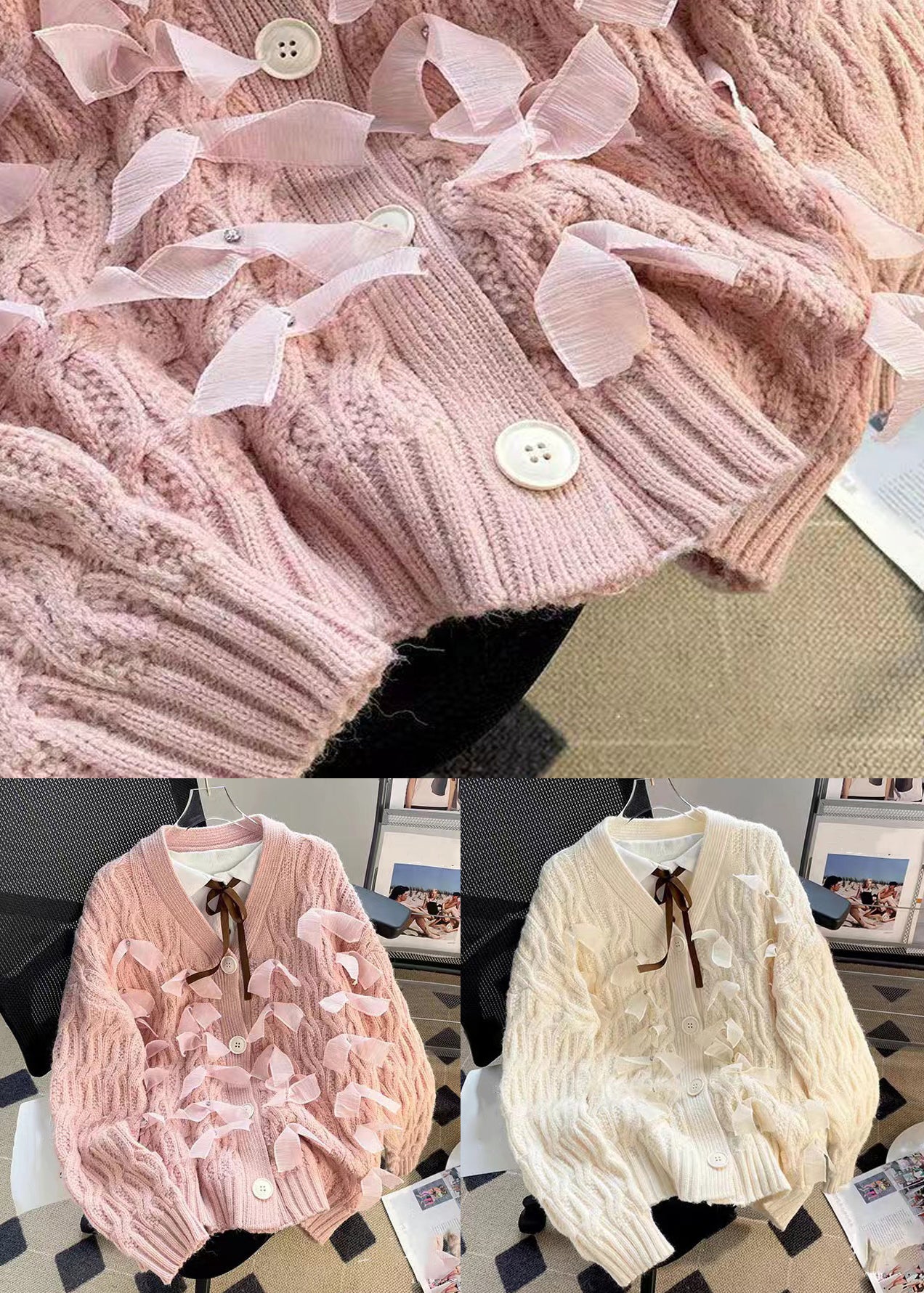 WW | Gemütliche Patchwork Strickmäntel V-Ausschnitt Lange Ärmel