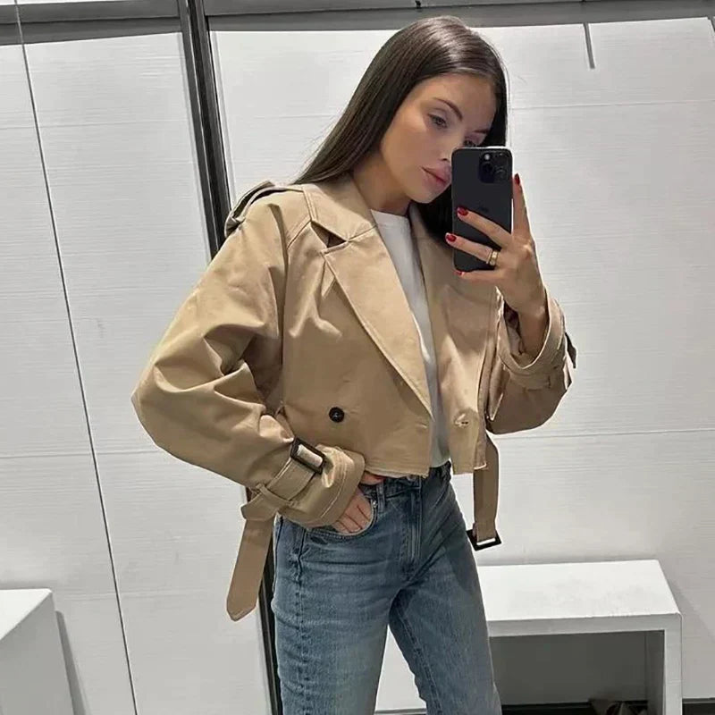 WW | Damen Cropped Trenchcoat - Mit Gürtelmanschetten