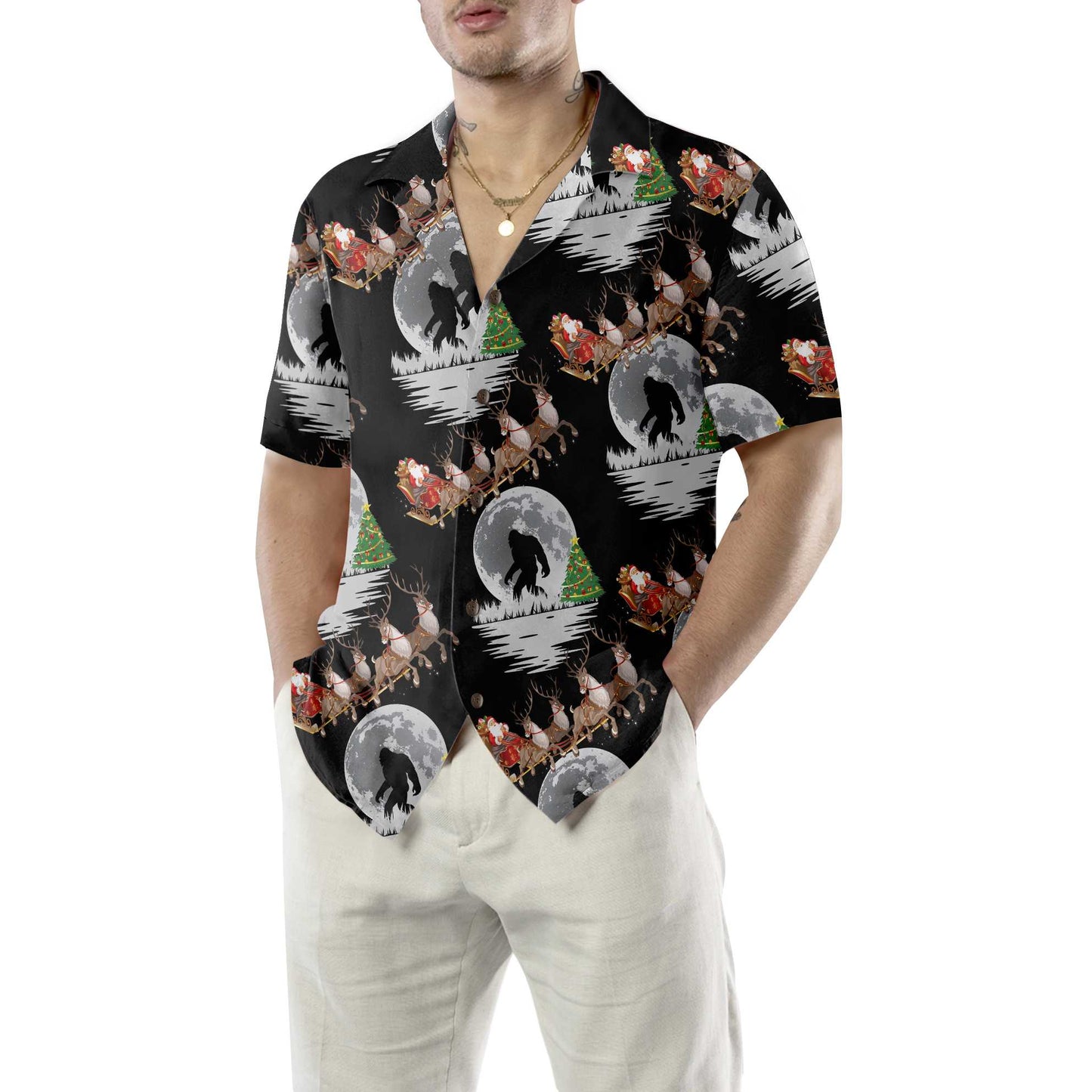 WW | Bigfoot & Weihnachtsmann an Weihnachten Hawaiian Shirt, Lustiges Weihnachtshemden für Männer