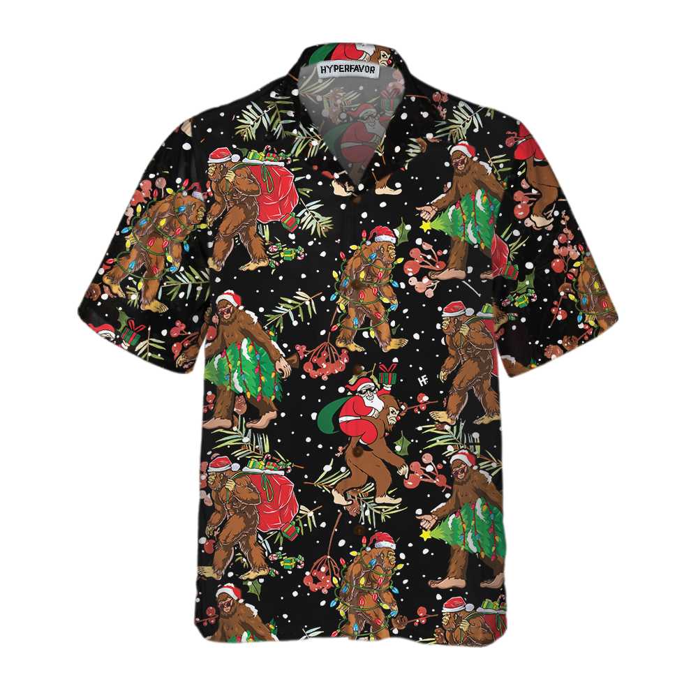 WW | Bigfoot Weihnachtsmann mit Weihnachtsmuster Hawaii-Hemd, lustiges Weihnachts-Bigfoot-Hemd, Geschenk für Weihnachten