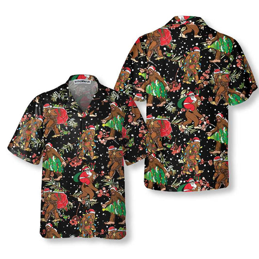 WW | Bigfoot Weihnachtsmann mit Weihnachtsmuster Hawaii-Hemd, lustiges Weihnachts-Bigfoot-Hemd, Geschenk für Weihnachten
