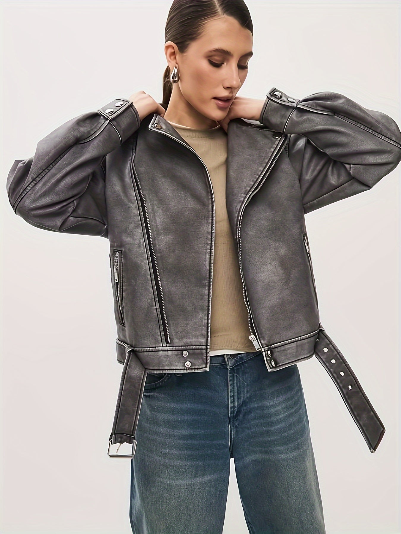 WW | Damenjacke Aus Übergröße Leder mit Gürtel
