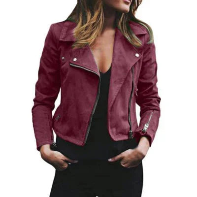 WW | PU Leather Zipper Suede Jacket for Women