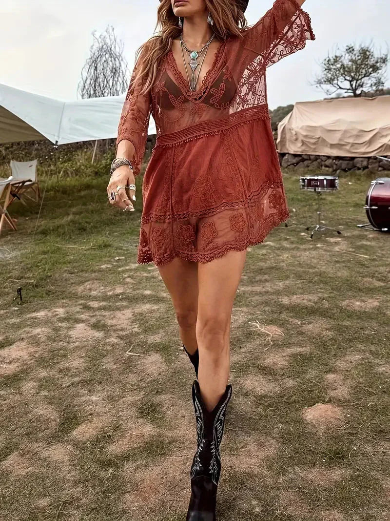 WW | Cover Up Lace Durchschauen Cover Up Kleid Boho-Stil