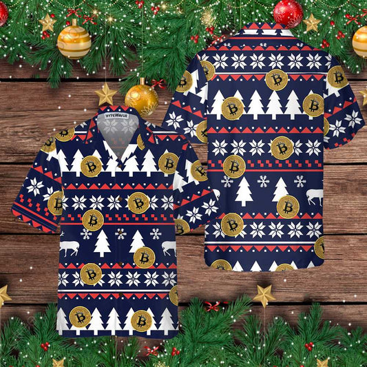 WW | Bitcoin Ugly Christmas Pattern Hawaiian Shirt, Funny Christmas Hawaiian Shirt for Men