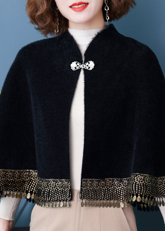WW | Button Patchwork Loose Mink Velvet Coats With Tassels Batwing Sleeves