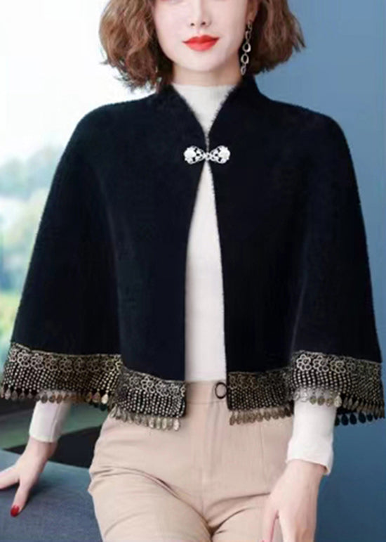WW | Button Patchwork Loose Mink Velvet Coats With Tassels Batwing Sleeves