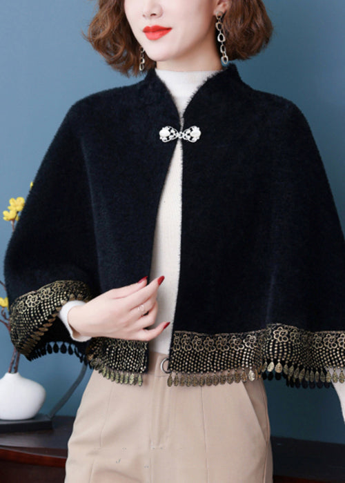 WW | Button Patchwork Loose Mink Velvet Coats With Tassels Batwing Sleeves