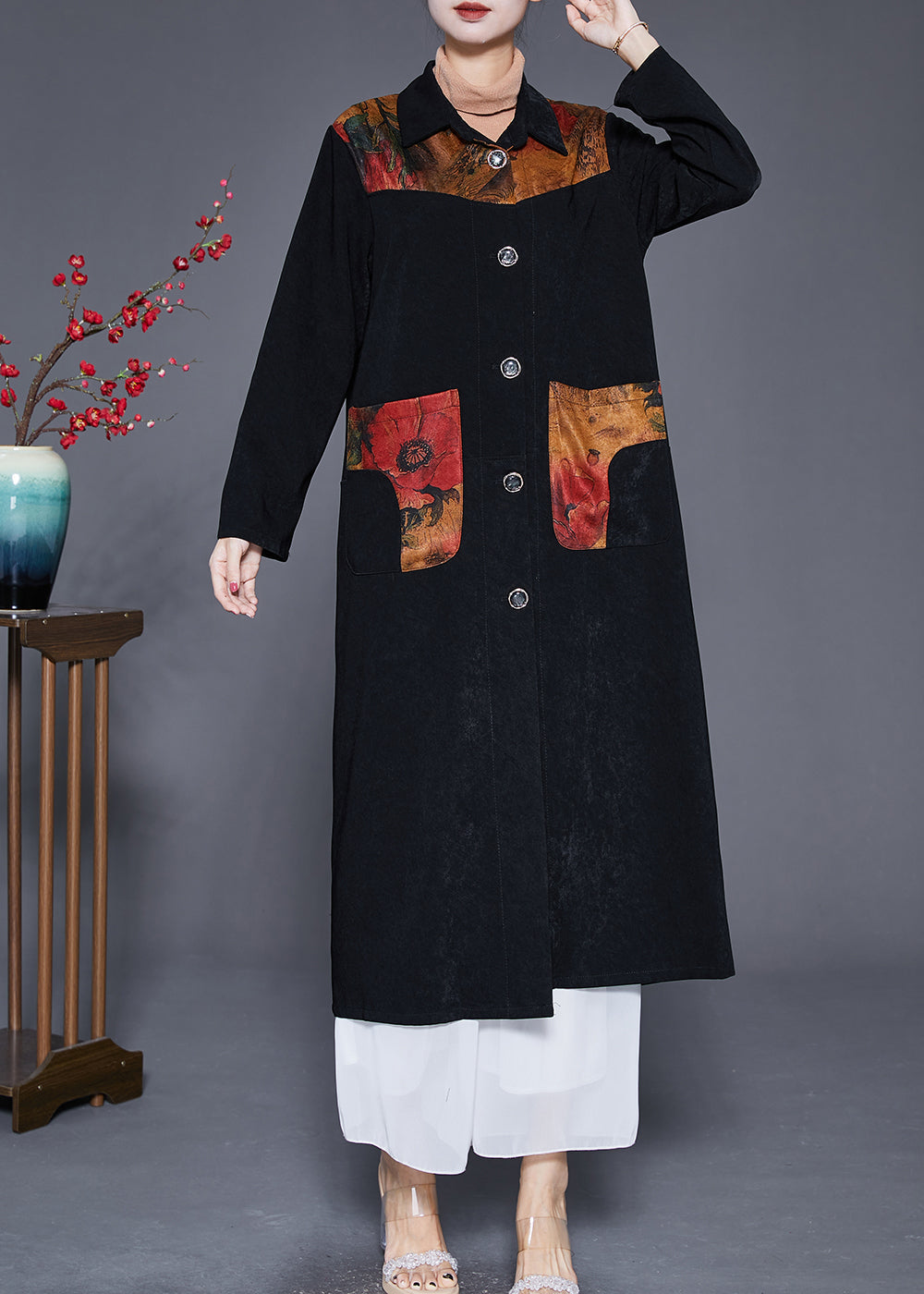 WW | Patchwork Trench Coats Plus Sizes Button Closure