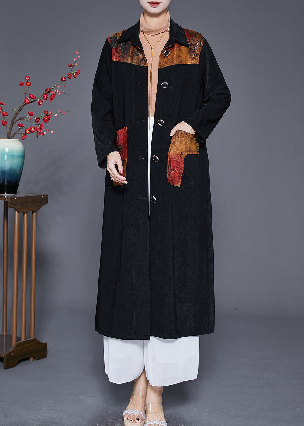 WW | Patchwork Trench Coats Plus Sizes Button Closure