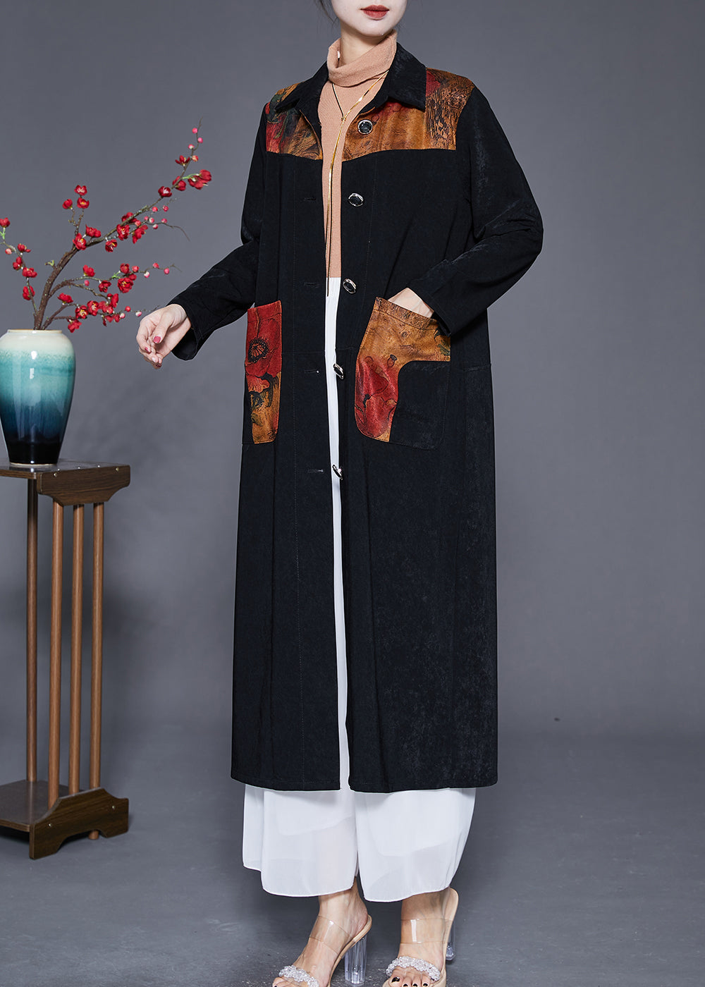 WW | Patchwork Trench Coats Plus Sizes Button Closure