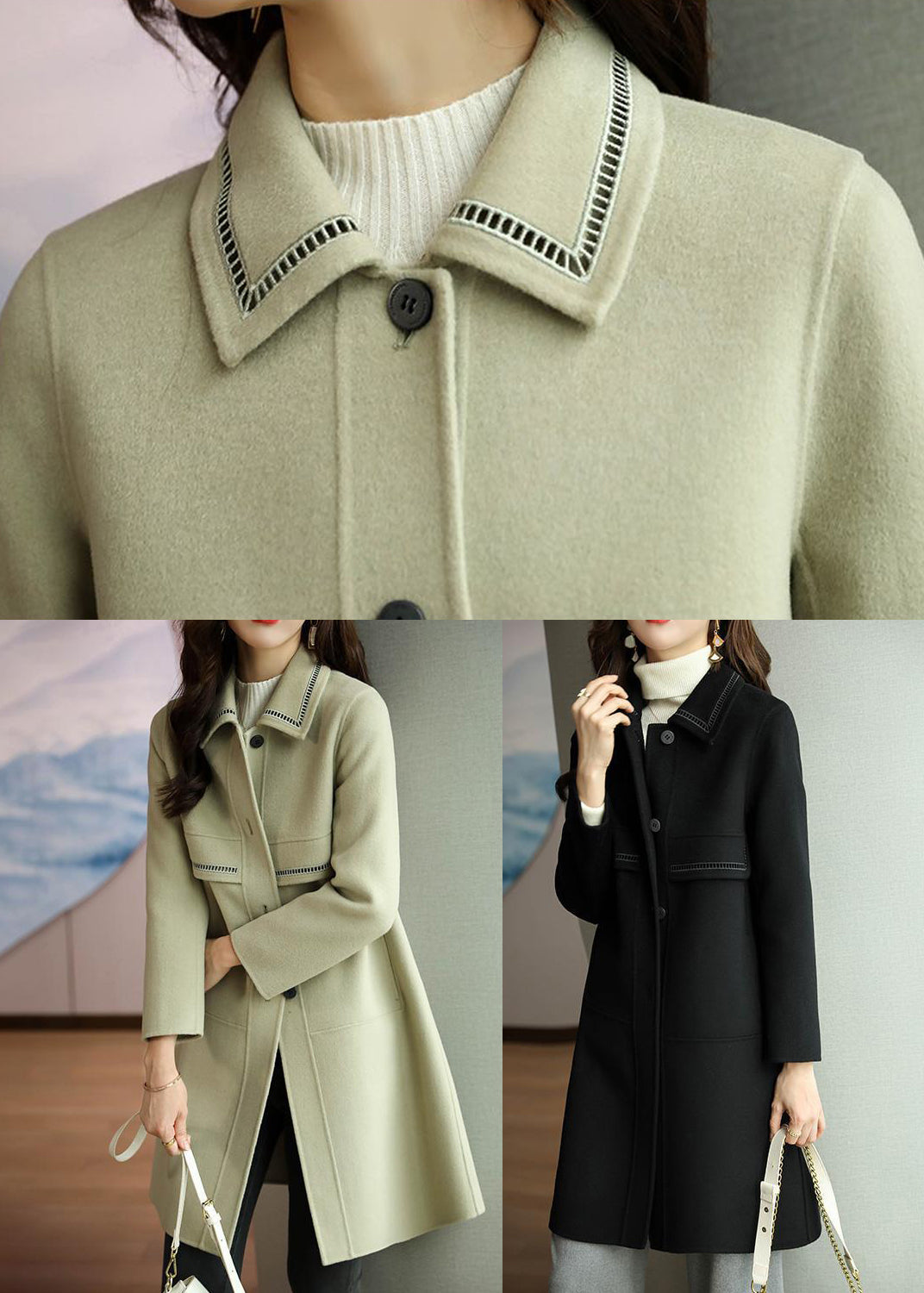 WW | Patchwork Wool Trench Coats Lapel Collar Button Closure