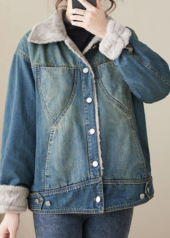 WW | Pocket Patchwork Warm Fleece Denim Jackets Peter Pan Collar Winter