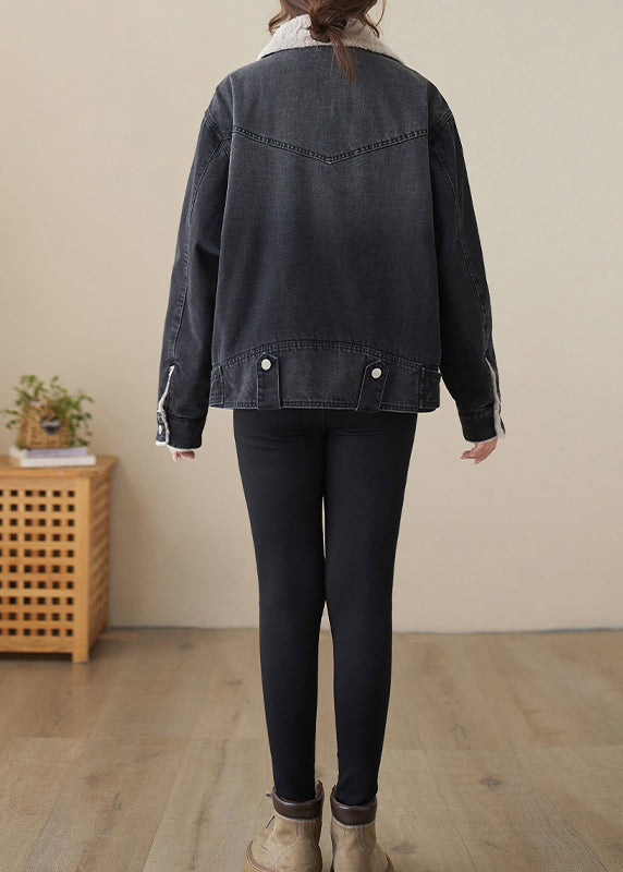 WW | Pocket Patchwork Warm Fleece Denim Jackets Peter Pan Collar Winter