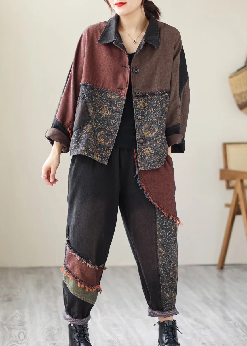 WW | Druck Patchwork Mäntel und Hosen Denim Zweiteiler Set