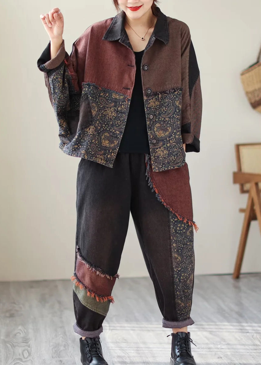WW | Print Patchwork Coats and Pants Denim Two-Piece Set