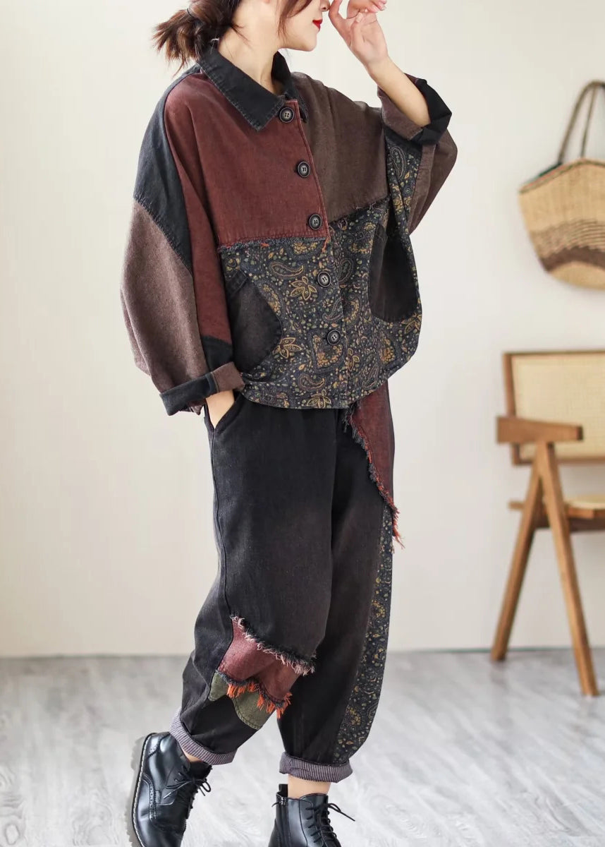 WW | Print Patchwork Coats and Pants Denim Two-Piece Set