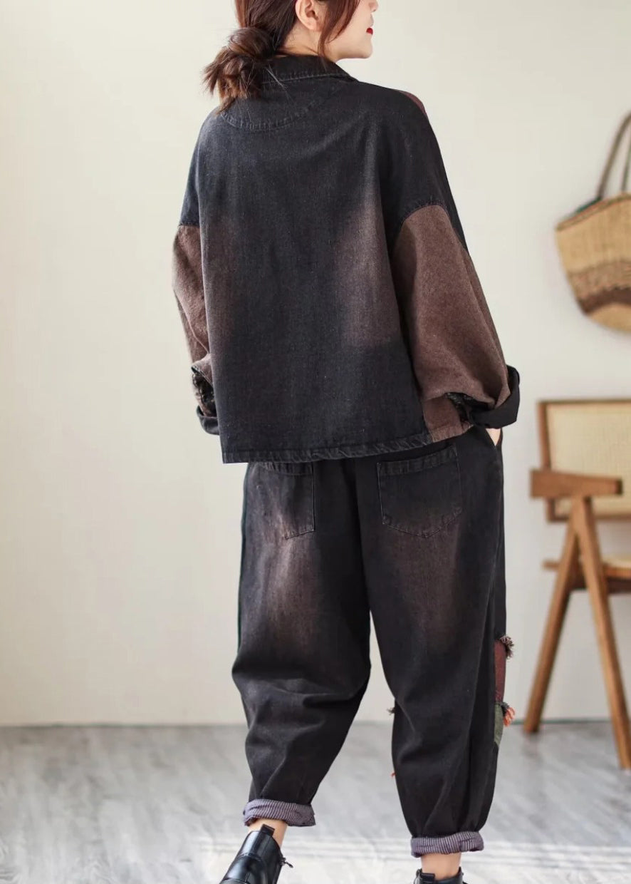 WW | Print Patchwork Coats and Pants Denim Two-Piece Set