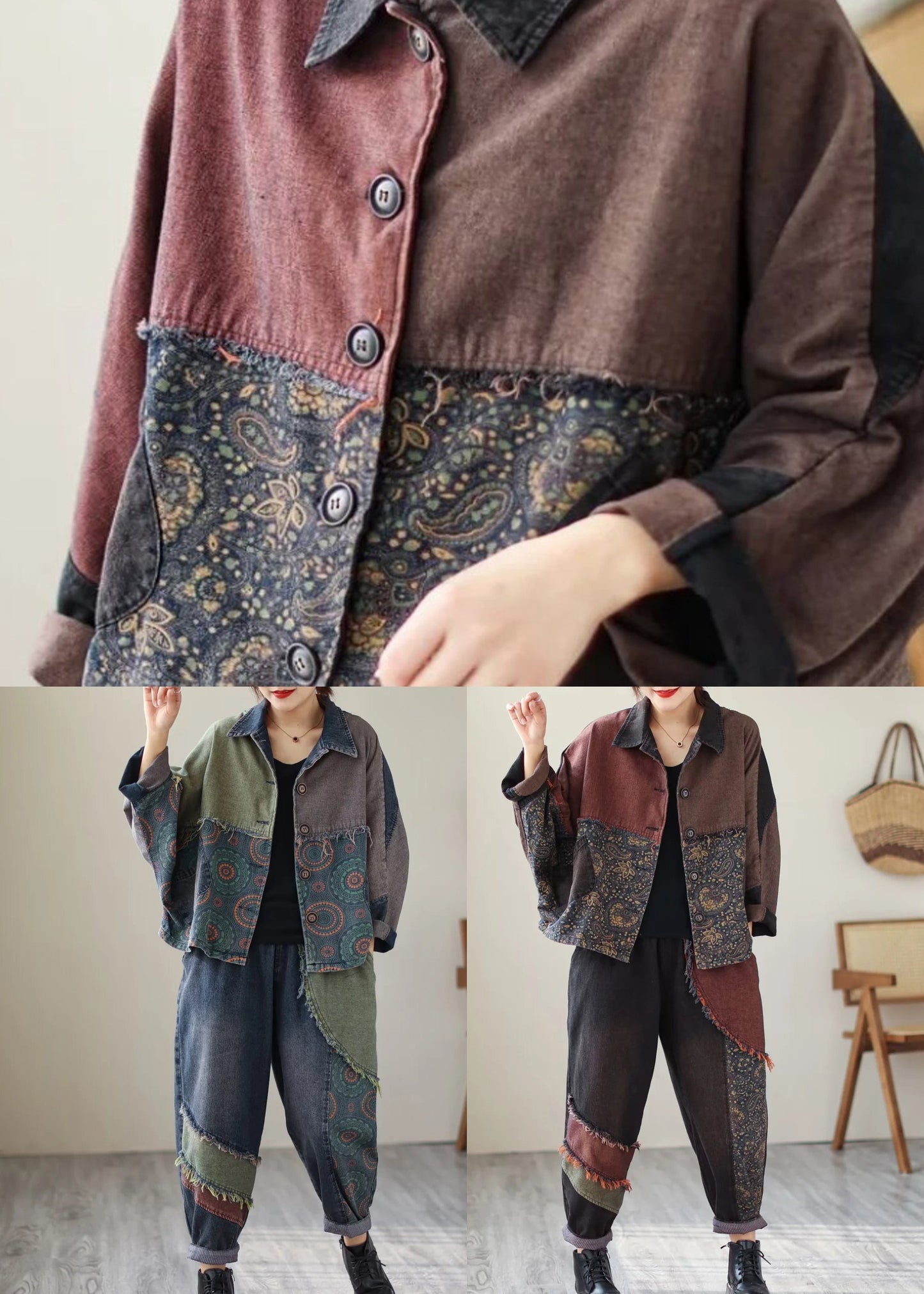 WW | Print Patchwork Coats and Pants Denim Two-Piece Set
