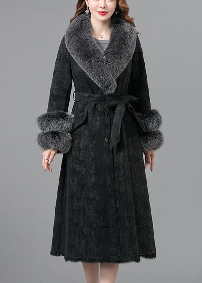 WW | Warm Faux Rabbit Leather and Fur Coats Fox Collar Tie Belt Winter