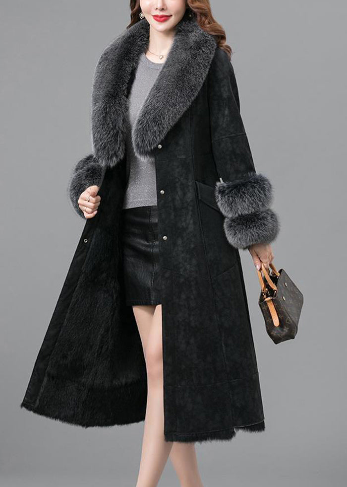 WW | Warm Faux Rabbit Leather and Fur Coats Fox Collar Tie Belt Winter