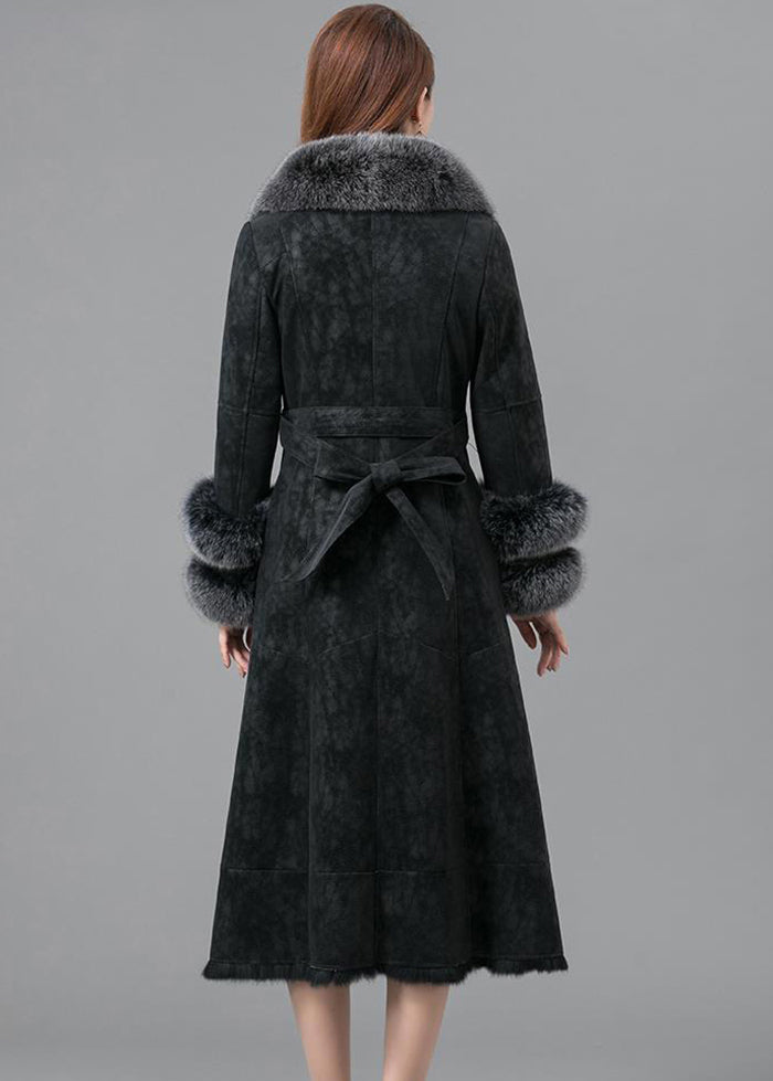 WW | Warm Faux Rabbit Leather and Fur Coats Fox Collar Tie Belt Winter