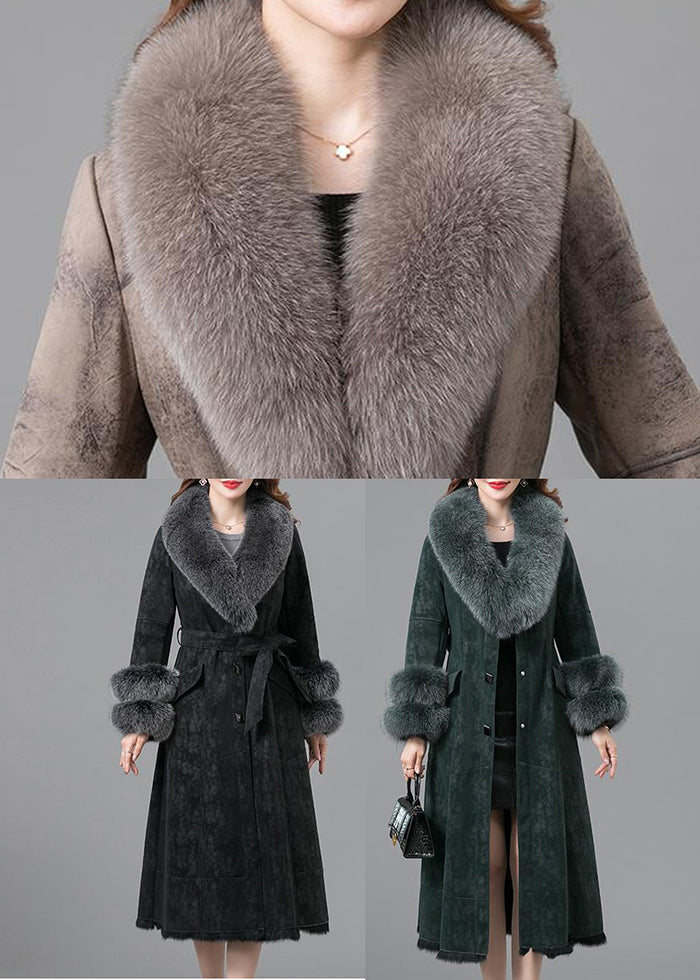 WW | Warm Faux Rabbit Leather and Fur Coats Fox Collar Tie Belt Winter