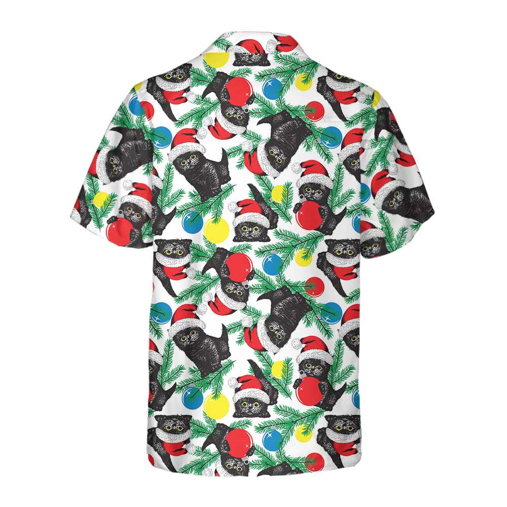 WW | Schwarze Katze mit Weihnachtsmannmütze Hawaiian Shirt, Lustiges Weihnachtskatzen Shirt