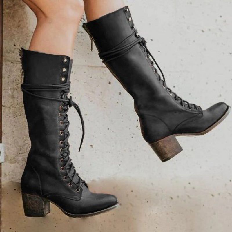 WW | Trendy Black Women's Knee High Boots - Stylish Chunky Heel PU Leather Lace Up Boots