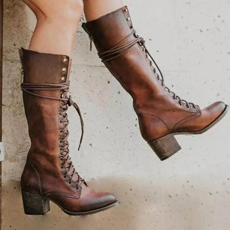 WW | Trendy Black Women's Knee High Boots - Stylish Chunky Heel PU Leather Lace Up Boots