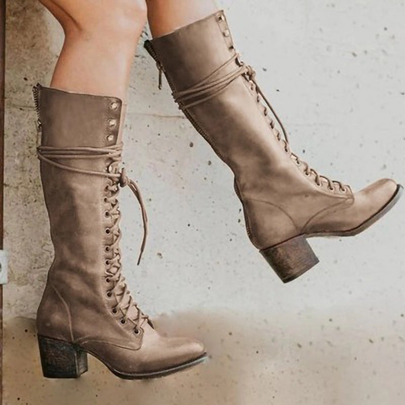 WW | Trendy Black Women's Knee High Boots - Stylish Chunky Heel PU Leather Lace Up Boots