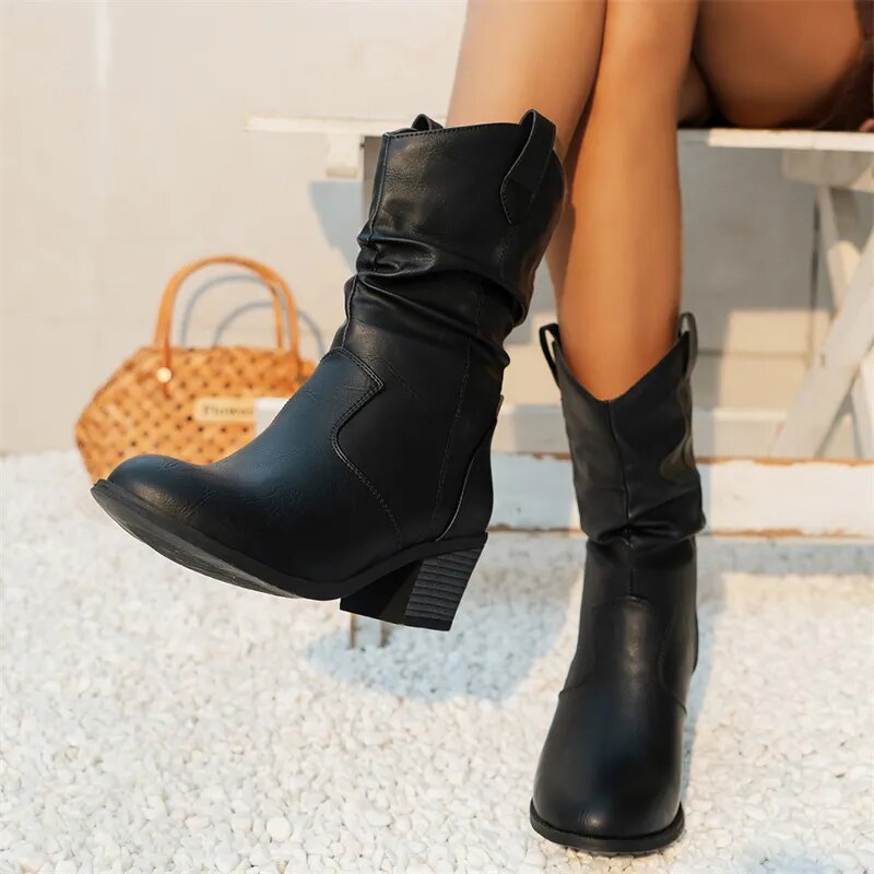 WW | Women's Black Leather Ankle Boots – Western-Style Short Boots in Sizes 36–42