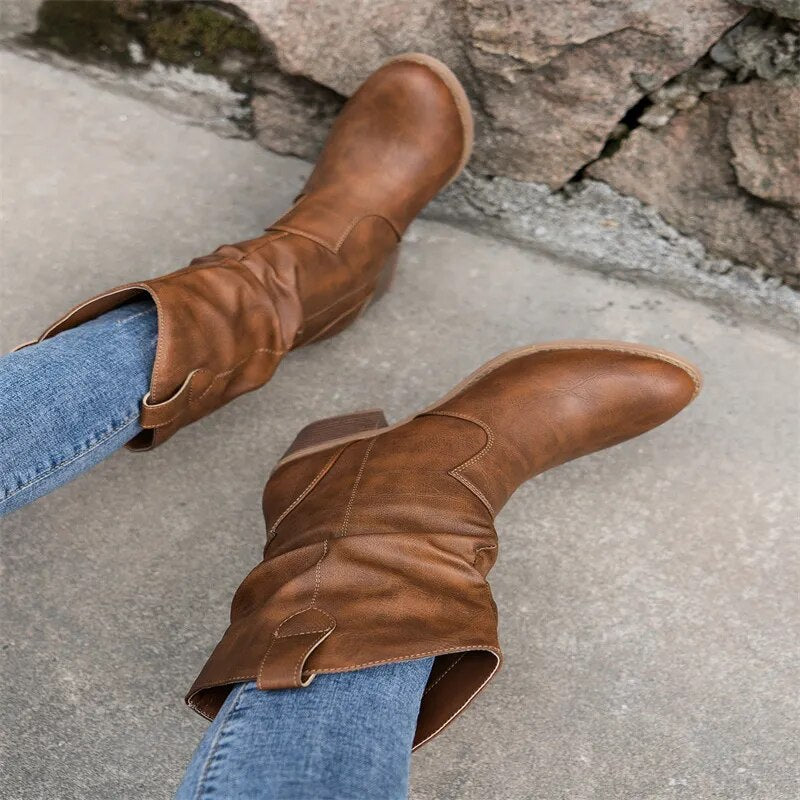 WW | Women's Black Leather Ankle Boots – Western-Style Short Boots in Sizes 36–42