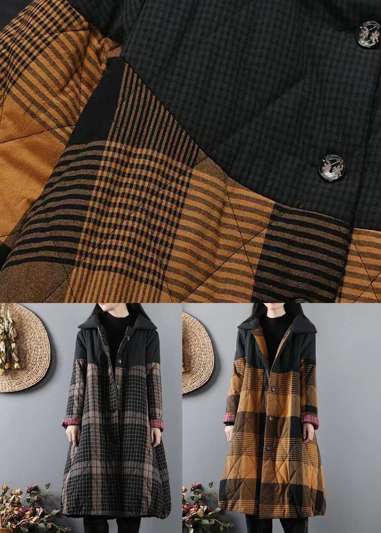WW | Green Plaid Patchwork Fine Cotton-Padded Coats Winter