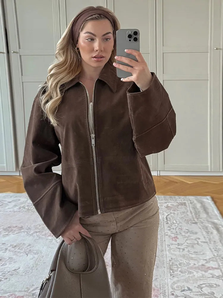 WW | Braun Wildlederreversjacke für Damen für Den Herbst