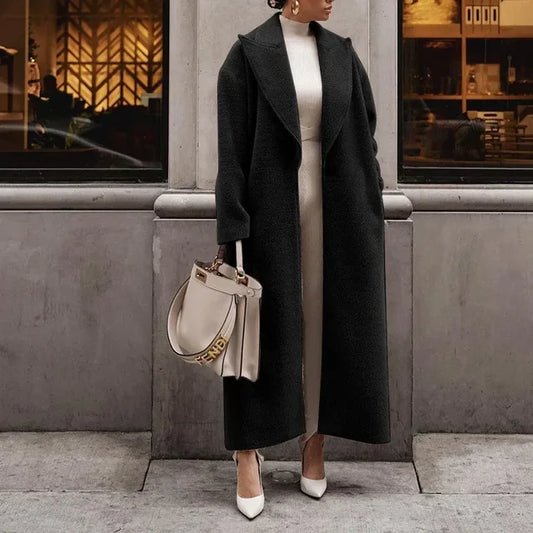 WW | Women's Wool Blend Long Coat – Oversized Fit – Lapel Collar – Open Front