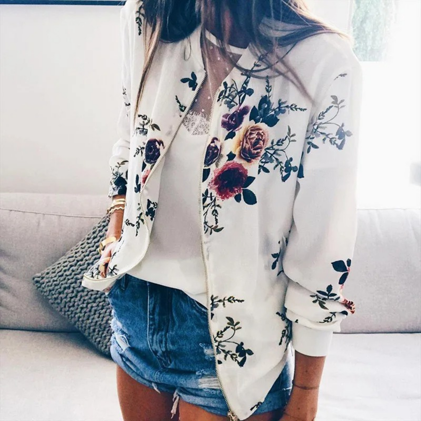 WW | Bomber Jacket Summer Jacket with Floral Pattern and Zipper for Women