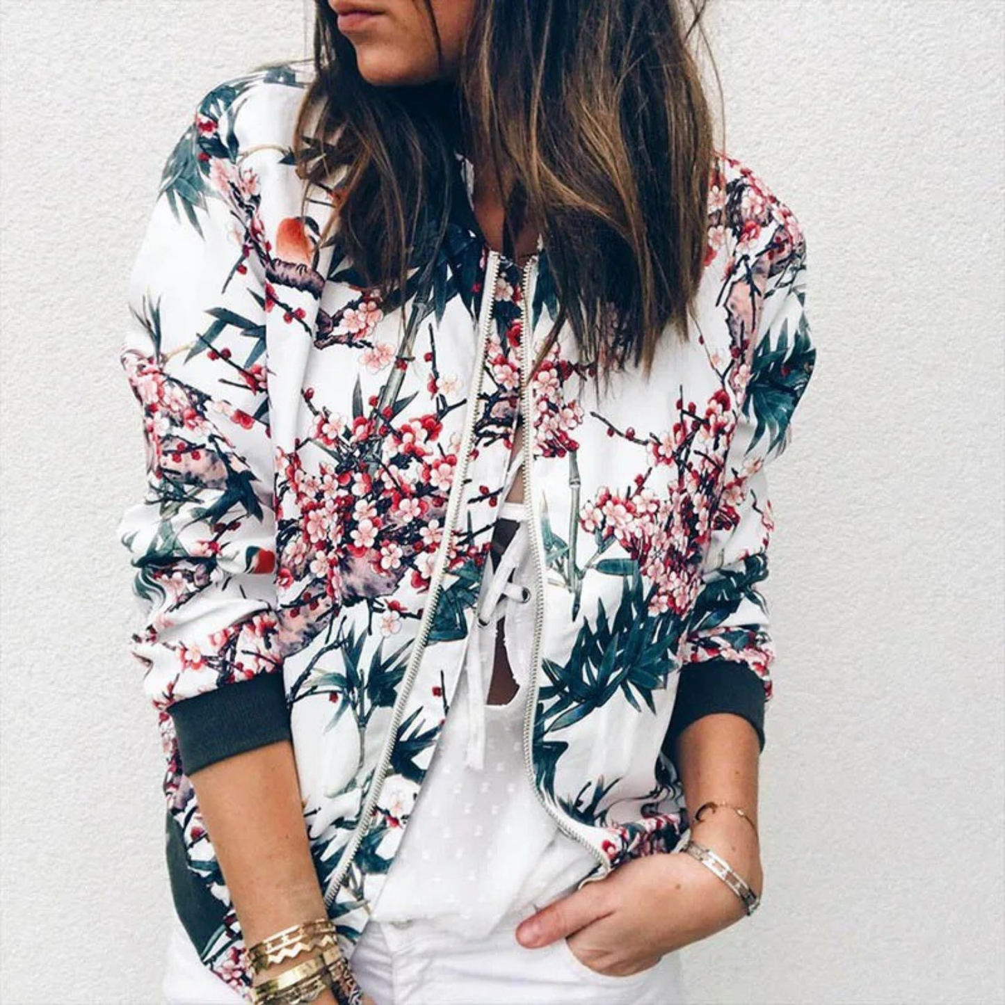 WW | Bomber Jacket Summer Jacket with Floral Pattern and Zipper for Women